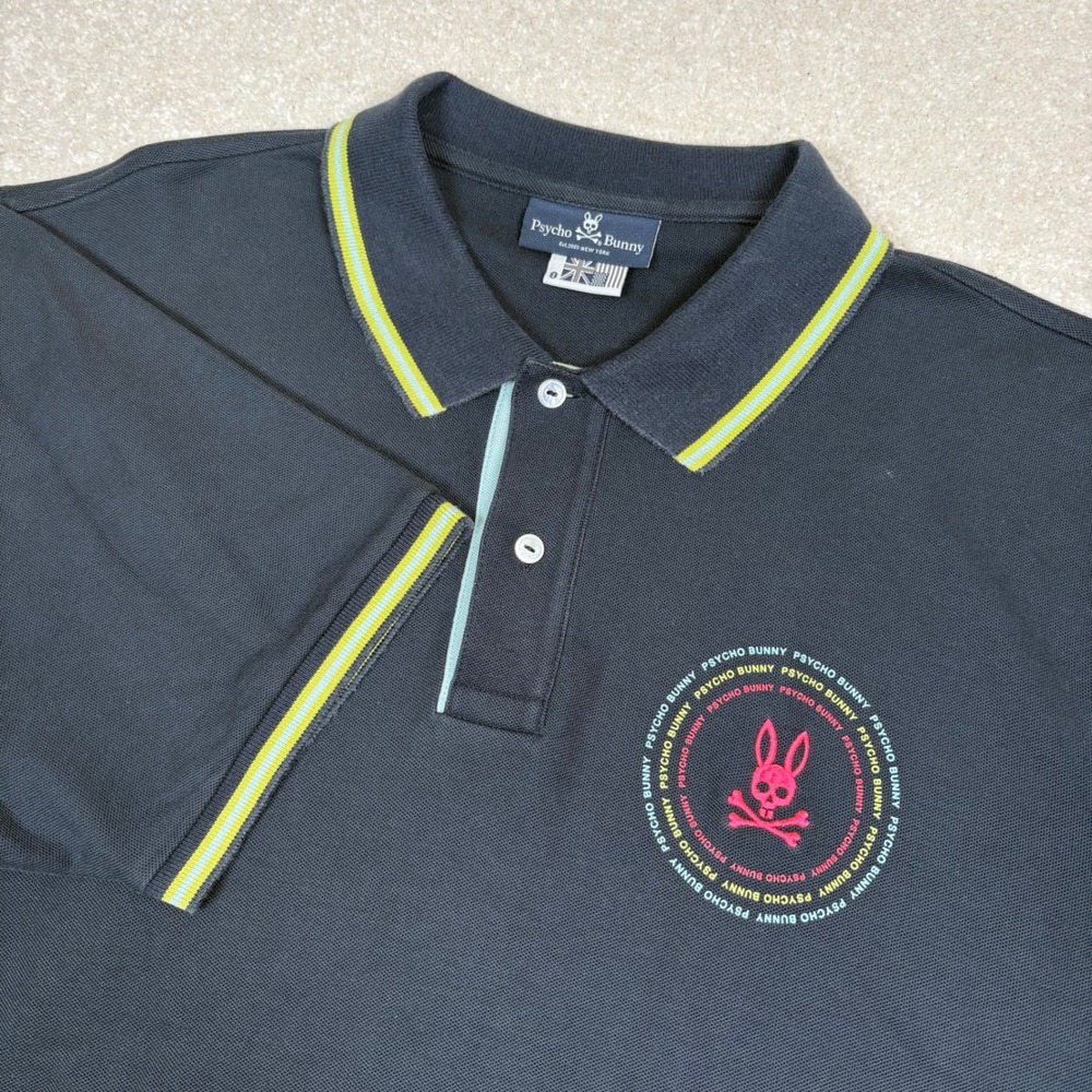 Psycho Bunny Mens Black Pique Polo Shirt Neon Tipping Pink Logo Size 8 XXL